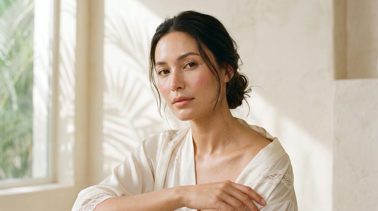 Woman with radiant skin in soft natural light beside a window