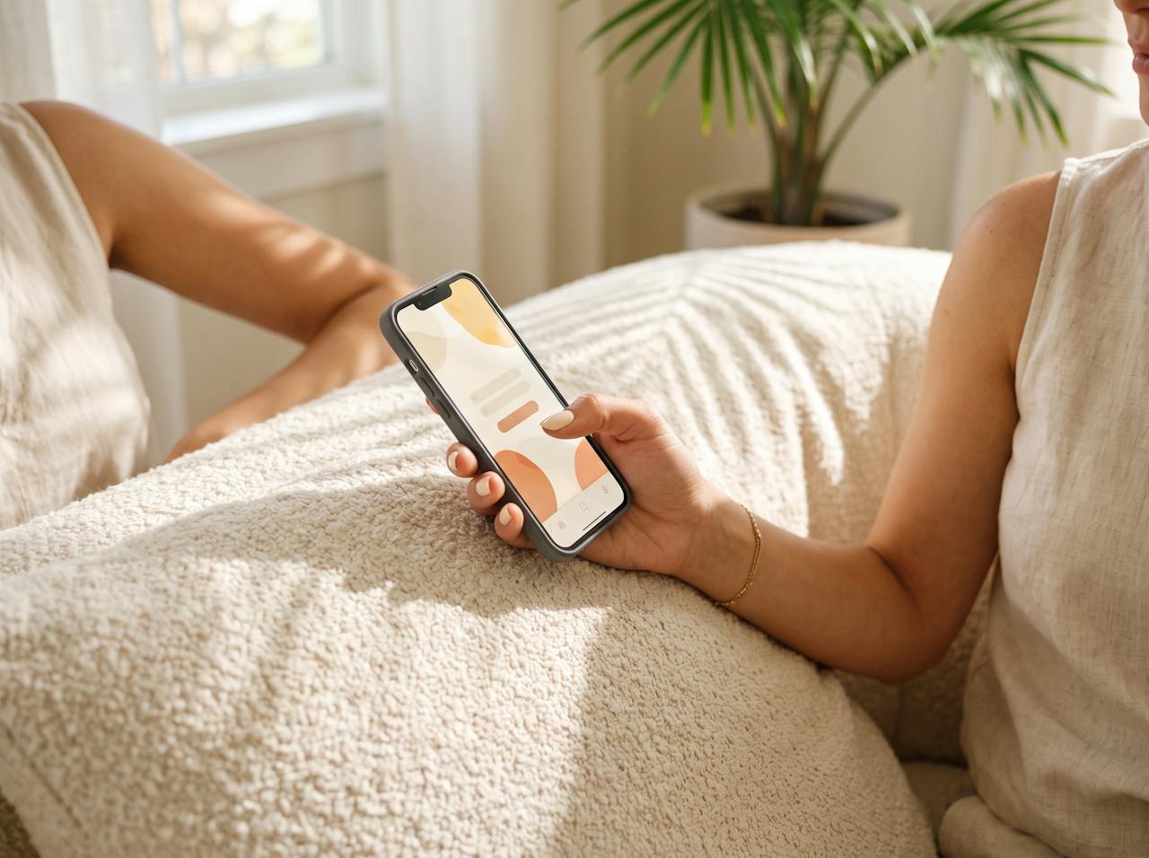 Person completing the online assessment on a phone from the couch