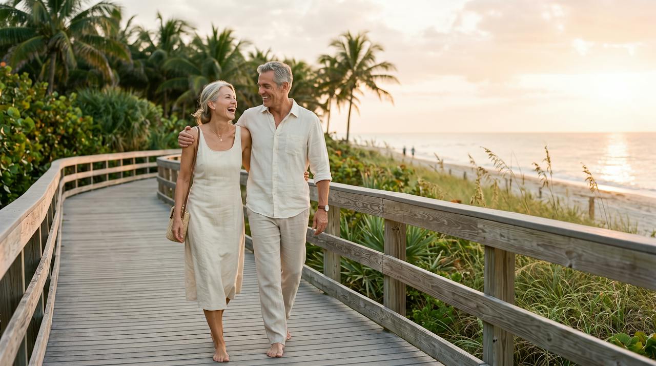 Smiling couple walking arm in arm along a beach boardwalk at sunset